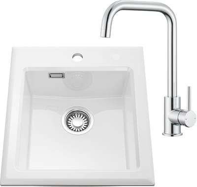 CECIPA Max Spoelbak Met Kraangat 45x50CM - Keramische Spoelbak Keuken - Spoelbakken Keuken Met Keukenkraan - Wasbak Keuken - Wit