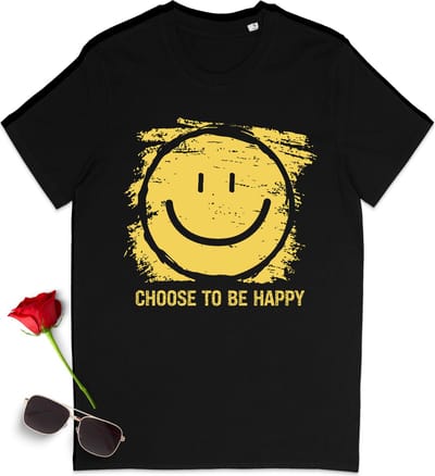 Grappig tshirt met smiley print en quote - T-shirt met choose to be happy opdruk - Dames en heren t shirt - Leuk, blij tshirt voor vrouwen en mannen - Unisex maten: S M L XL XXL XXXL - Shirt kleuren: Zwart en groen (bottle green).