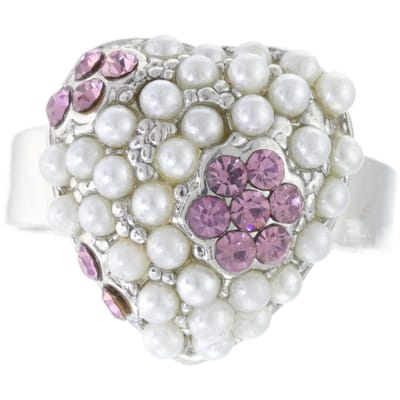 Behave - Ring - Verstelbare Hartvormige Ring – Zilverkleurig met Parelaccenten en Paarse Kristallen – Romantisch & Elegant