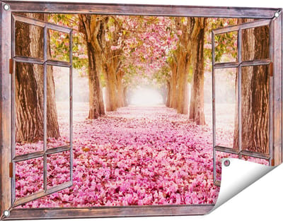 Gards Tuinposter Doorkijk Romantische Bomen Tunnel met Roze Anjers - 90x60 cm - Tuindoek - Tuindecoratie - Wanddecoratie buiten - Tuinschilderij