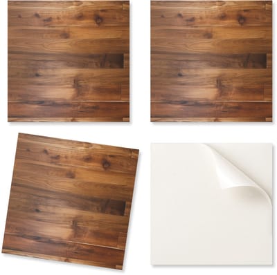 Set zelfklevende vinyltegels op een houten plank in een formaat van 9x30x30 cm.