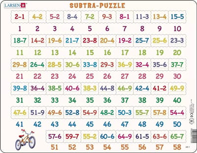 Larsen Aftrekken met afbeeldingen – Puzzel – Leren rekenen – Aftrekken – Educatieve legpuzzel voor kinderen – 58 stukjes – Gemaakt in Noorwegen – Extra dikke 2,5 mm stukjes – Tray met vaste rand