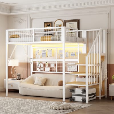MODFU - Hoogslaper 90x200 cm – Wit metaal met opbergtrap & LED (app) – Gaashek