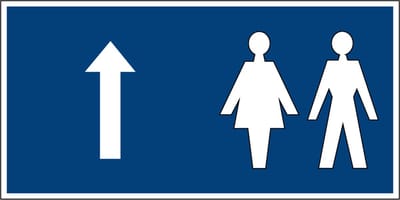 Toilet sticker met pijl rechtdoor, blauw 200 x 100 mm