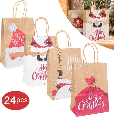 24 Stuks Kersttassen - Christmas Gift Bags Met Handvat-Kerstversiering-Papieren Tas-Kerstmis Tote Tassen-Cadeaustmas Verpakking Winkelen-Chris Decoration-Vakantie Cadeau Tas