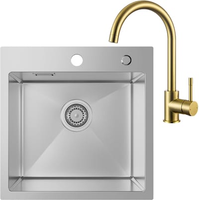 SOFETIY MAX Spoelbak voor keuken 45 x 45 cm - Spoelbak Keuken Met Goud Keukenkraan - Vierkante RVS Gootsteen - Spoelbakken Keuken voor Inbouw of Bovenmontage