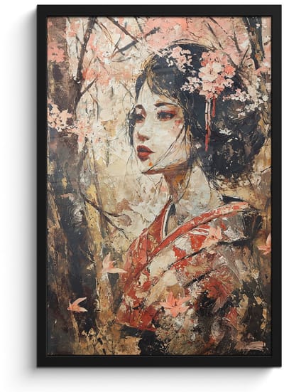 Poster in lijst - Fotolijst 40x60 cm - Posters - Kimono - Vrouw - kersenbomen - Posterlijst zwart - Decoratie - Wanddecoratie woonkamer - Muurdecoratie slaapkamer