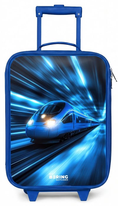 NoBoringSuitcases.com® - Kinderkoffer blauw - Kindertrolley jongen - Supersnelle trein in neonblauwe tunnel - Koffer kind lichtgewicht - Reiskoffer trolley voor kinderen - Koffertje met lichtgevende wieltjes - Rolkoffer