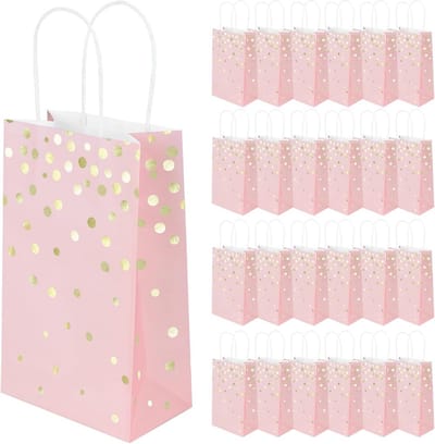 Omgoods - 24 Stuks Roze Papieren Cadeautassen met Handvatten - 23x14x8cm met Gouden Folie