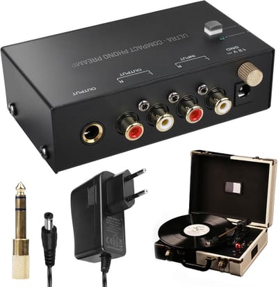 Ynkkvre - Phono voorversterker - platenspeler voorversterker - met DC 12V adapter - RCA in- en uitgang - compact ontwerp - EU stekker