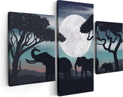 Artaza Canvas Schilderij Drieluik Olifanten Silhouet Tijdens Volle Maan - 90x60 - Foto Op Canvas - Canvas Print