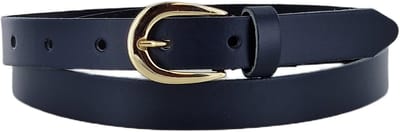 Smalle Dames Riem | Kleur: Navy | 2cm breed | Leren Dames Riem | Riemmaat: 85cm (totale lengte: 100cm) | 100% echt leer | Nikkelvrije gesp | Gouden gesp
