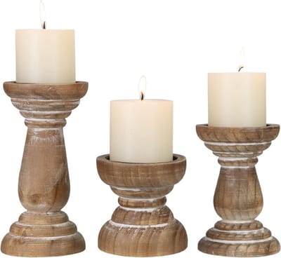 Houten Kandelaar Set van 3, Rustieke Pilaren voor Tafeldecoratie