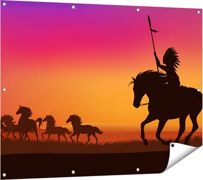 Gards Tuinposter Silhouet van een Indiaan op een Paard - 120x90 cm - Tuindoek - Tuindecoratie - Wanddecoratie buiten - Tuinschilderij