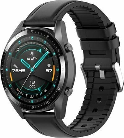 By Qubix - 22mm - leer + siliconen bandje - Zwart - geschikt voor Huawei Watch 3 / 4 / 5 (pro) - 46mm & geschikt voor Huawei Watch GT / GT 2 / GT 3 (pro) / GT 4 (pro) / GT 5 (pro) / GT 6 (pro) 46mm / Ultimate / Ultimate 2