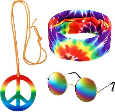 3-delige hippie-outfit met pop-zonnebril, tie-dye bandana en vredestekenkoord Retro disco-stijl outfit uniseks nachtmode-accessoires (kleurrijk)