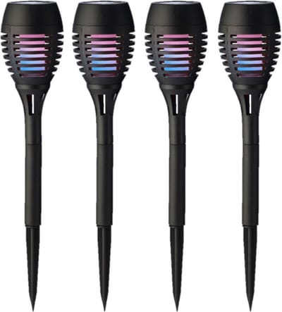 Set van 4x stuks solar tuinfakkel zwart met vlameffect 27 cm kleurveranderend effect - Tuinverlichting