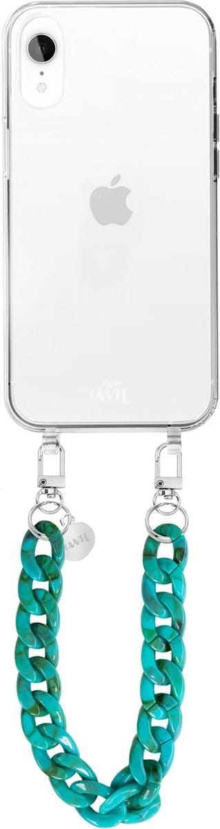 xoxo Wildhearts siliconen hoesje - Geschikt voor iPhone XR - Blue Ocean - Telefoonhoesje - Hoesje met koord - Blauw koord - kort telefoonkoord - Transparant hoesje (korte variant)