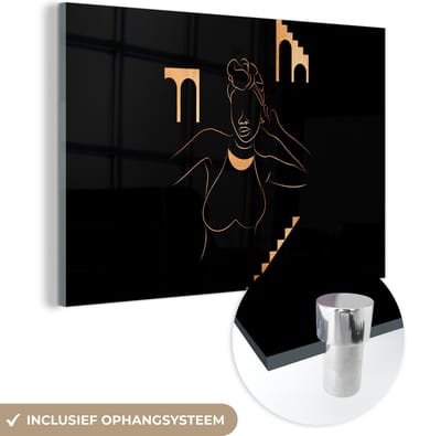MuchoWow® Glasschilderij 120x80 cm - Schilderij acrylglas - Vrouw - Goud - Line art - Foto op glas - Schilderijen