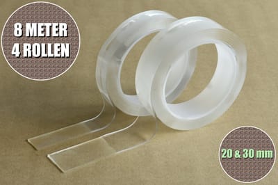 Nano Tape Dubbelzijdig - 4 Rollen van 2 Meter - 20 & 30 mm Breed - Transparante Tape - Extra Sterk - Ophangen Zonder Boren
