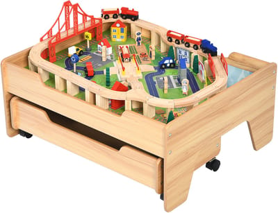 COSTWAY Spoorwegset voor kinderen, 100-delig, met vergrendelbare wielen, houten speeltafel met omkeerbaar en afneembaar tafelblad en lade, houten spoorbaan, treinspeelgoed voor kinderen vanaf 3 jaar