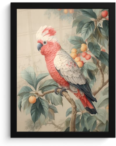 Poster in lijst - Fotolijst 30x40 cm - Posters - Roze kuifkaketoe - Tak met vruchten - Bladeren - Posterlijst zwart - Decoratie - Wanddecoratie woonkamer - Muurdecoratie slaapkamer