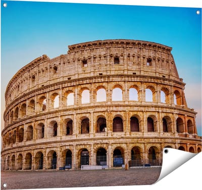 Gards Tuinposter Colosseum in Rome met de Blauwe Lucht - 100x80 cm - Tuindoek - Tuindecoratie - Wanddecoratie buiten - Tuinschilderij