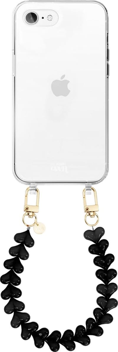 xoxo Wildhearts siliconen hoesje - Geschikt voor iPhone 7/8 Plus hoesje - Funky Hearts - Telefoonhoesje - Hoesje met koord - Zwart koord - kort telefoonkoord - Hartjes ketting - Transparant hoesje