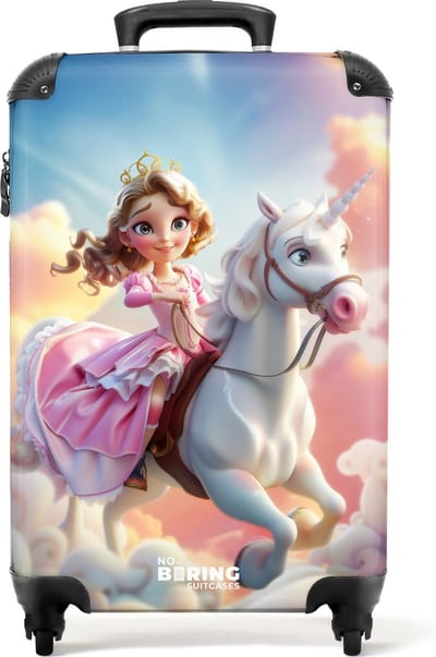 NoBoringSuitcases.com® - Kinderkoffer meisje - Prinses op witte eenhoorn - Kindertrolley meisjes - Handbagage koffer lichtgewicht - Reiskoffer trolley kinderen - Rolkoffer met wieltjes - Past binnen 55x40x20 en 55x35x25