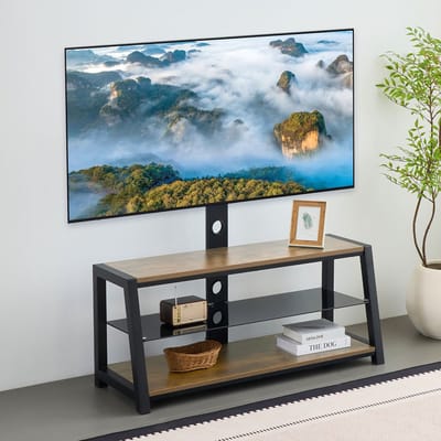 Clruro TV-meubel - 116x42x125 cm - Draaibaar met Beugel - Gehard Glas en Verstelbaar - Hout en Glas - Bruin