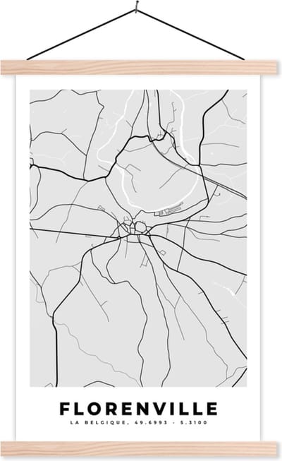 Posterhanger incl. Poster 40x60 cm - Schoolplaat - Kaart – Plattegrond – Stadskaart – Florenville – België – Zwart Wit - Textielposter - Blanke latten - Stadskaart