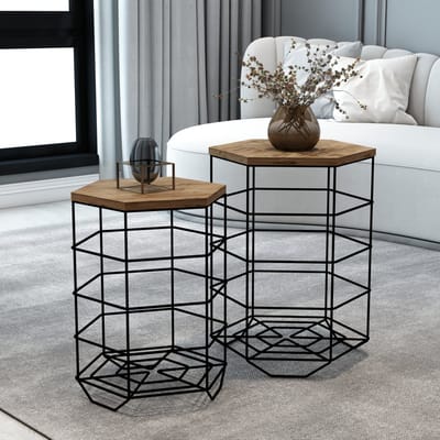Bijzettafel Hørsholm rond set van 2 zwart en houtkleurig
