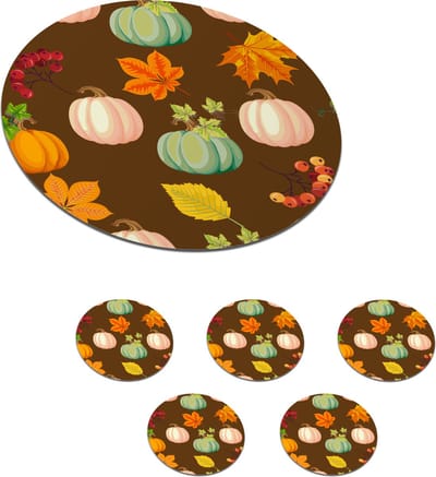 Onderzetters voor glazen - Rond - Herfst - Pompoenen - Patronen - 10x10 cm - Glasonderzetters - 6 stuks