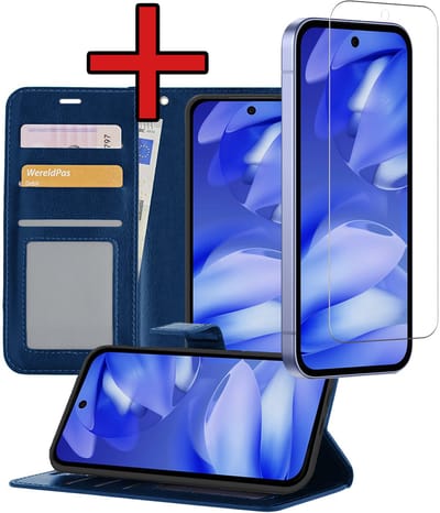 Hoesje - Met Screenprotector - Geschikt voor Google Pixel 9a - Luxe Pasjeshouder - Flipcase - Bookcase Portemonee - Flip Case - Kunstleer Book Case - Book Cover - Walletcase - Portemonneehoes - Telefoonhoes - Donkerblauw