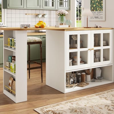 DESMIU Draaibare Dressoirkast - Uittrekbaar En Multifunctioneel Met Glazen Deuren En Open Planken - Voor Woonkamer En Eetkamer - Wit - 138 Tot 204 Cm