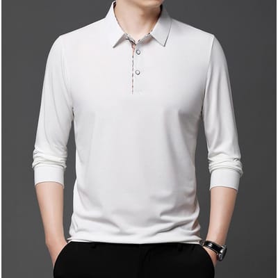 Polo Shirt voor Mannen van Middelbare Leeftijd T-shirt met Lange Mouwen Lente en Herfst Revers Slank Ijs Zijde Katoen Effen Kleur T-shirt Onderkleding XXXXL white