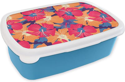 Broodtrommel Blauw - Lunchbox - Brooddoos - Zomer - Bloemen - Hawaii - Patronen - 18x12x6 cm - Kinderen - Jongen
