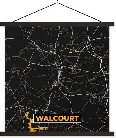 Posterhanger incl. Poster 60x60 cm - Schoolplaat - Walcourt - Plattegrond - Kaart - Goud - Stadskaart - Textielposter - Zwarte latten - Stadskaart