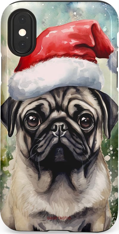 Casetastic hoesje geschikt voor Apple iPhone X / Apple iPhone XS - Dubbellaagse bescherming - Aquarel Kerstmis Pug Hond - Fashion Case - Grijs Taupe Donkergrijs Saliegroen
