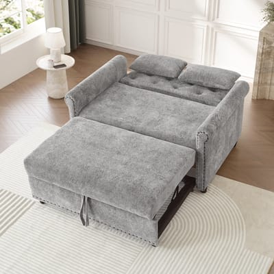 OKWISH Slaapbank 170 x 98 cm - 3 In 1 Met Verstelbare Rugleuning En Uittrekbed - Kleine Ruimtes - Chenille - Grijs