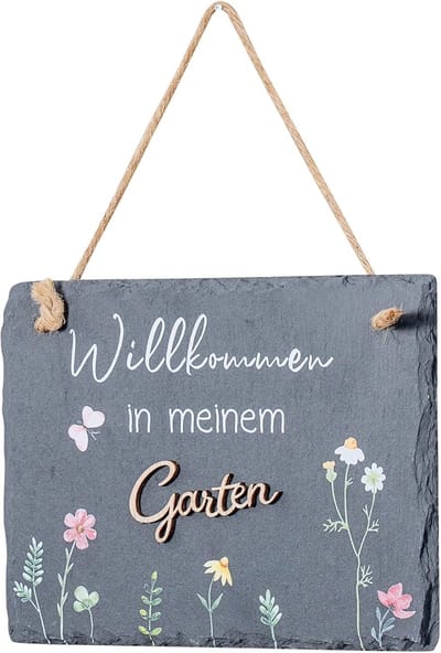 Leistenen bord tuin - Tuindecoratie bord spreuk - Verwelkomen gasten - Natuurlijk leisteen materiaal - 20 x 15 cm - Zwart