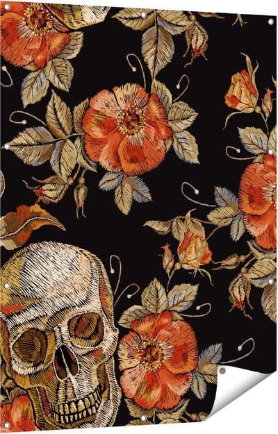 Gards Tuinposter Doodshoofden met Bloemen - Schedels - 90x120 cm - Tuindoek - Tuindecoratie - Wanddecoratie buiten - Tuinschilderij