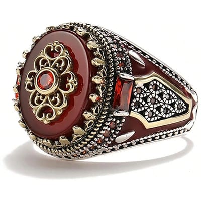 Retro Turkse Handgemaakte Heren Kroonringen Vintage Gesneden Arend Patroon Rode Zirkonia Steen Ringen Rock Punk Moslim Trouwring Sieraden 6 black
