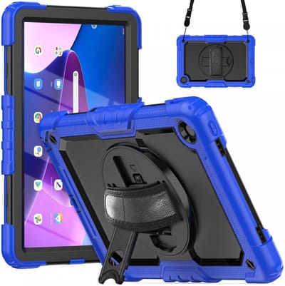 Hoes met ingebouwde Screenprotector Geschikt voor Lenovo Tab M10 Plus Gen 3 (10.6) | Inclusief Handriem en Schouderriem | Extreme bescherming | Ideaal voor zakelijk gebruik | Blauw