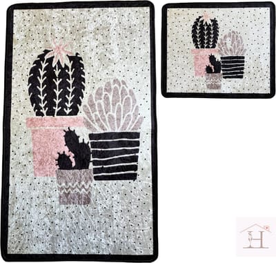HappyNest Badmat - Wc Mat - Antislip 2 Stuk Set - 60x100cm + 50x60cm - Zwart/Wit - Cactus