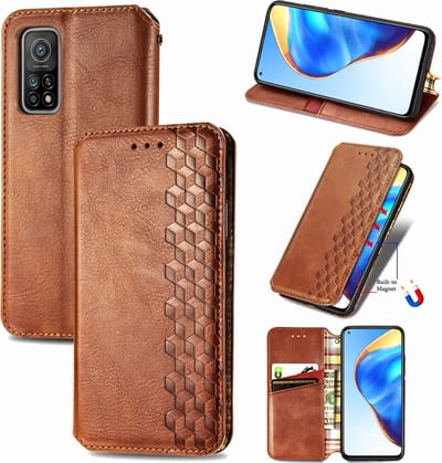 Luxe PU Lederen Ruitpatroon Wallet Case + PMMA Screenprotector voor Xiaomi Mi 10T / 10T Pro 5G _ Bruin