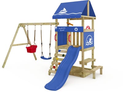 Wickey DinkyHouse Speeltoestel met Schommel & Picknicktafel - Houten Klimrek Buiten met Glijbaan en Zandbak - Compact Speeltoestel voor de Tuin - Inclusief Krijtbord en Klimstenen – 303x317x247 cm - Blauw