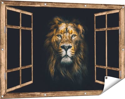 Gards Tuinposter Doorkijk Leeuw - Leeuwenkop - Kleur - 120x80 cm - Tuindoek - Tuindecoratie - Wanddecoratie buiten - Tuinschilderij
