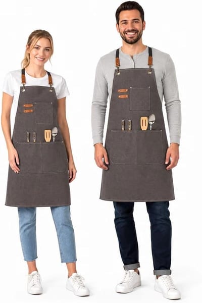 Canvas Schort met Verstelbare Schouderband, 3 Zakjes, Ideaal voor Koken, Tuinieren en Barbecue, Grijs, XXL, 68 x 85 cm