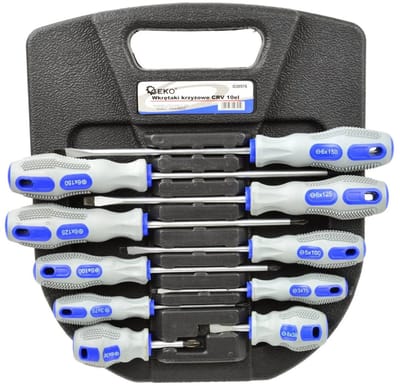GEKO 10-delige schroevendraaierset - CrV staal - Magnetische punten - Ergonomische handgreep - Blauw-grijs